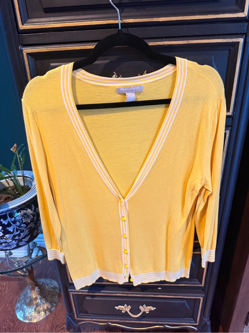 Banana Republic Yellow V-Neck Button Cardigan with White Trim